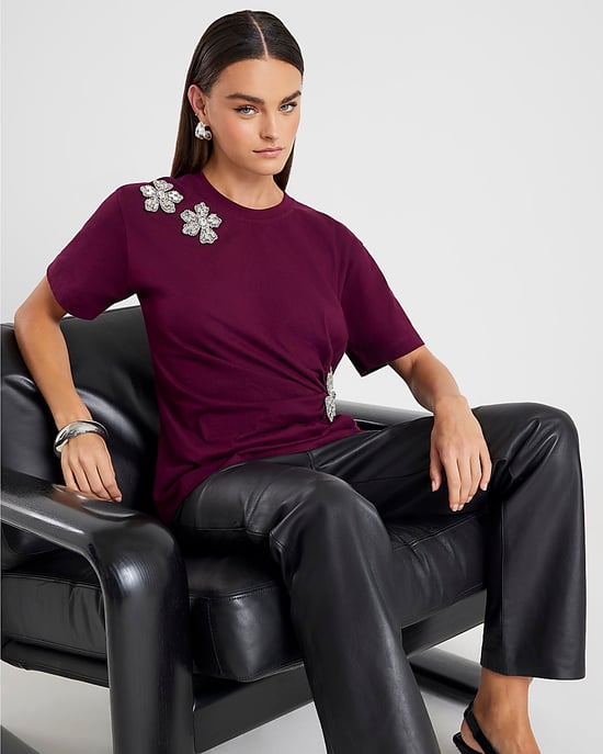 River Island Womens T-Shirt Red Short Sleeve Diamante Flower - Image 2