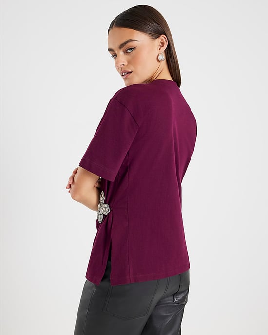River Island Womens T-Shirt Red Short Sleeve Diamante Flower - Image 3