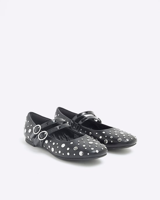 River Island Girls Ballet Pumps Black Faux Leather Stud Shoes - Image 2
