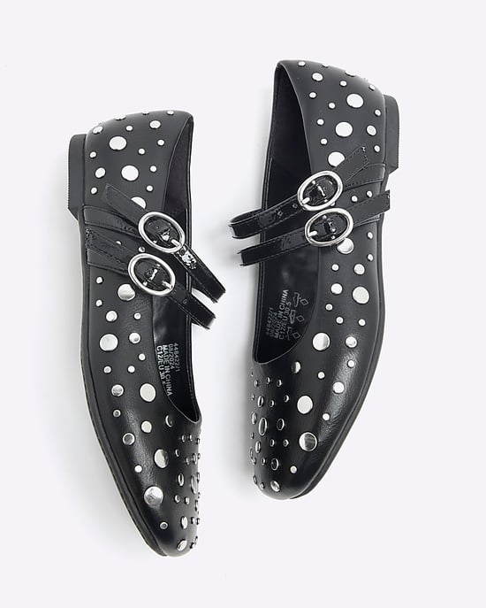 River Island Girls Ballet Pumps Black Faux Leather Stud Shoes - Image 4