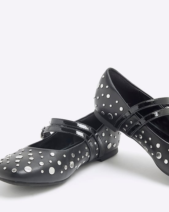 River Island Girls Ballet Pumps Black Faux Leather Stud Shoes - Image 5