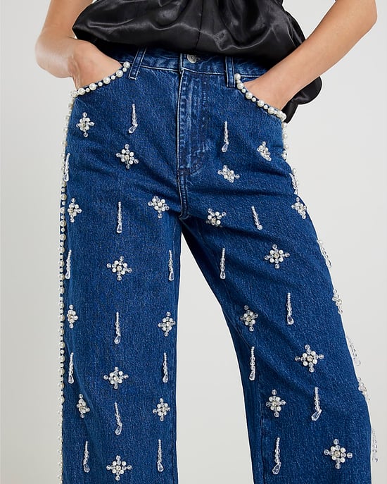 River Island Womens Straight Leg Jeans Blue Embellished Relaxed Denim - Image 2