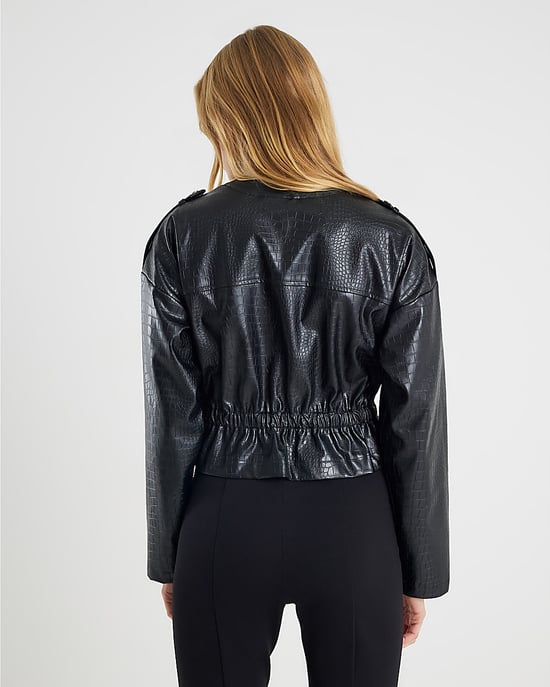 River Island Womens Jacket Black Faux Leather Croc Print Peplum - Image 3
