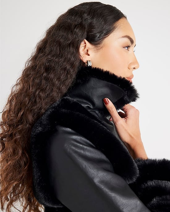 River Island Womens Biker Jacket Black Faux Fur Panelled - Image 2