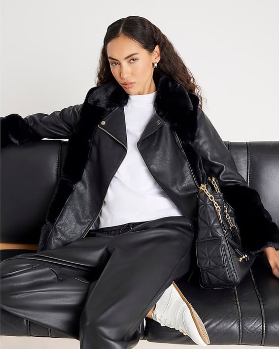 River Island Womens Biker Jacket Black Faux Fur Panelled - Image 4