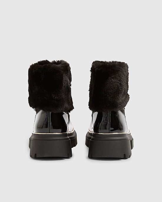 River Island Girls Boots Black Faux Fur Cuff Patent - Image 3