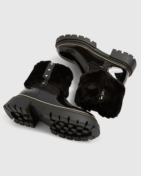 River Island Girls Boots Black Faux Fur Cuff Patent - Image 4