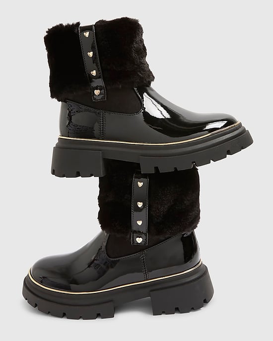 River Island Girls Boots Black Faux Fur Cuff Patent - Image 5