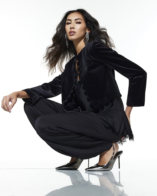 River Island Womens Trophy Jacket Black Velvet Scallop Trim - Image 3