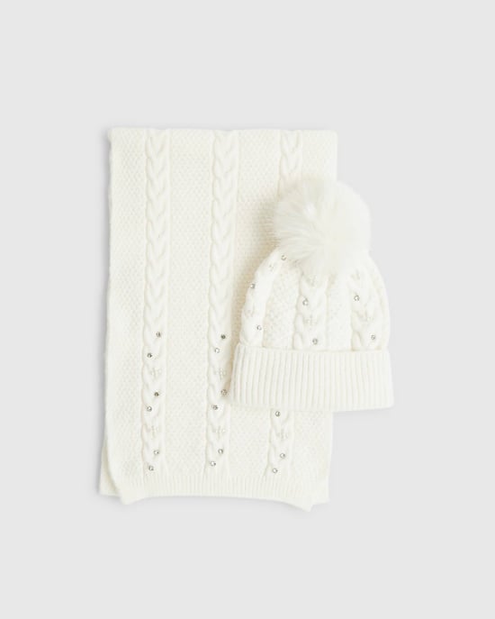 River Island Womens Hat & Scarf Set Cream Diamante 2 Piece - Image 2