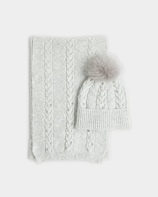 River Island Womens Hat & Scarf Set Grey Diamante 2 Piece - Image 2