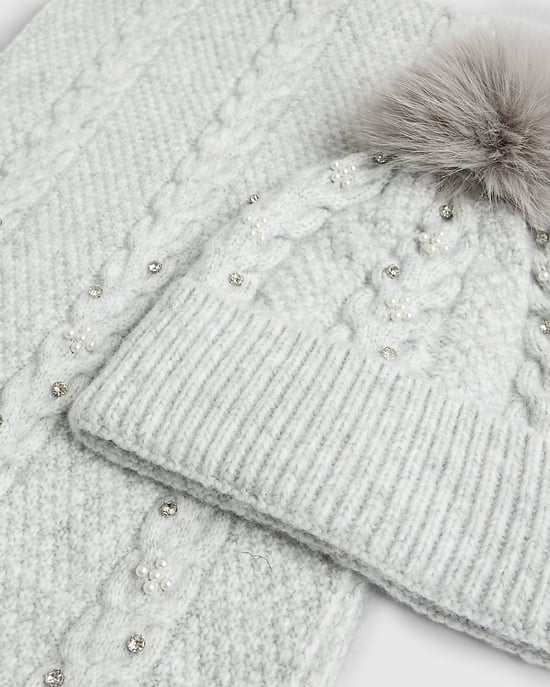 River Island Womens Hat & Scarf Set Grey Diamante 2 Piece - Image 5