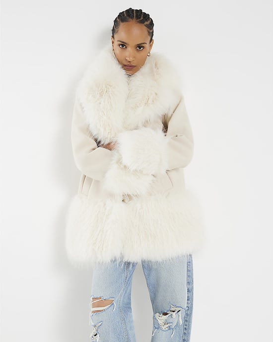 River Island Womens Coat Cream Faux Fur Swing - Image 1