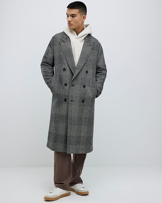 River Island Mens Overcoat Grey Check Double Breasted - Image 2