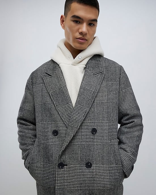 River Island Mens Overcoat Grey Check Double Breasted - Image 4