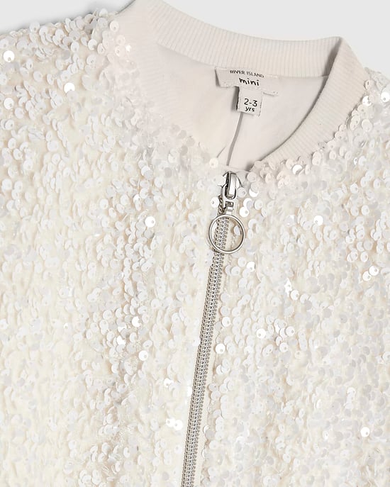 River Island Mini Girls Bomber Jacket White Sequin - Image 3