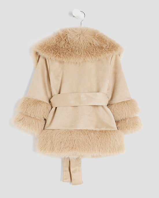 River Island Mini Girls Wrap Coat Beige Suedette Fur - Image 4