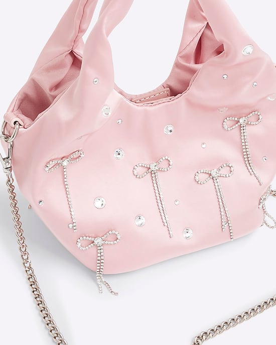 River Island Womens Grab Bag Pink Satin Diamante Bow - Image 3