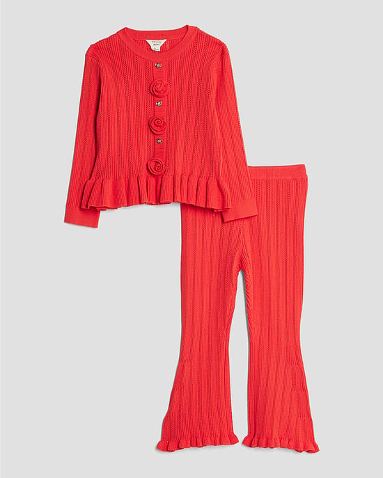 River Island Mini Girls Cardigan & Bottoms Set Red Rose 2 Piece - Image 1