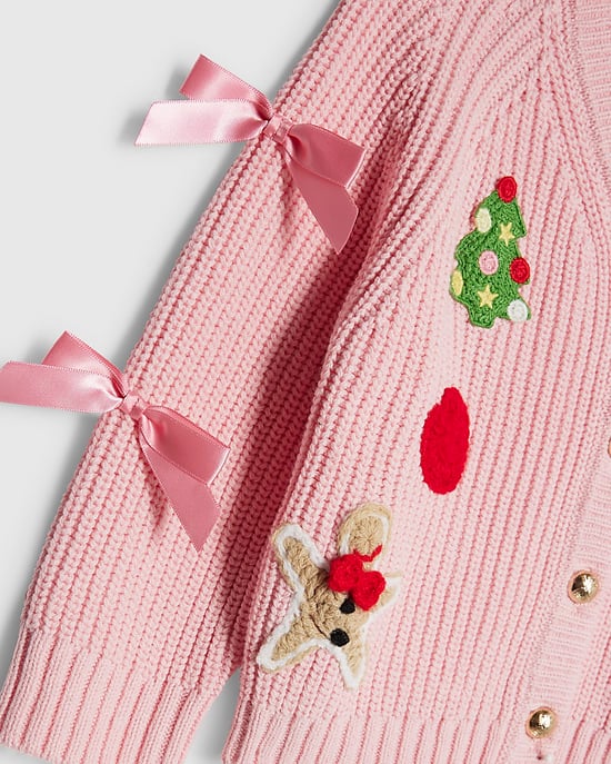 River Island Mini Girls Christmas Cardigan Pink Bow - Image 3