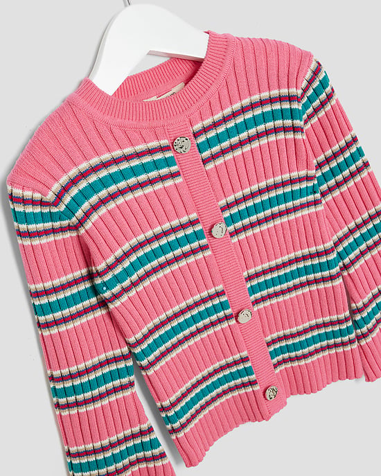 River Island Mini Girls Cardigan Pink Knitted Striped - Image 2