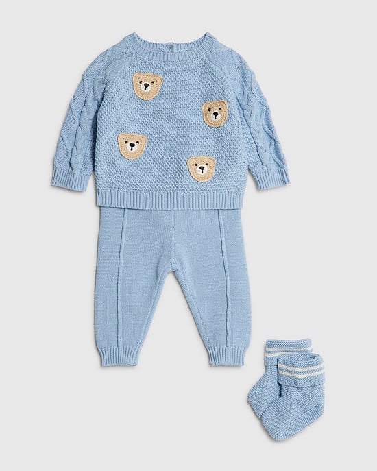 River Island Baby Boys Bear Jumper & Blanket Set Blue 4 Piece - Image 4