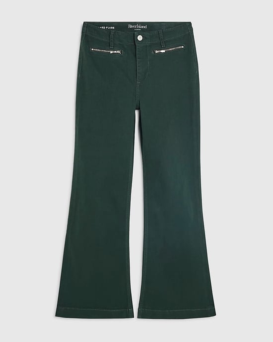 River Island Womens Flared Jeans Petite Green Zip Front Relaxed Flare - Image 1