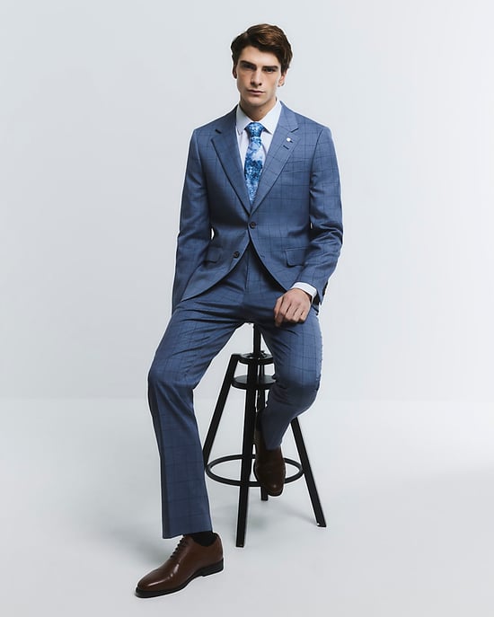 River Island Mens Suit Trousers Blue Check Skinny - Image 3