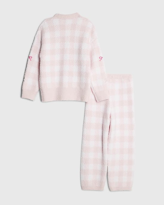 River Island Girls Cardigan & Trousers Set Pink Gingham Cosy 2 Piece - Image 2