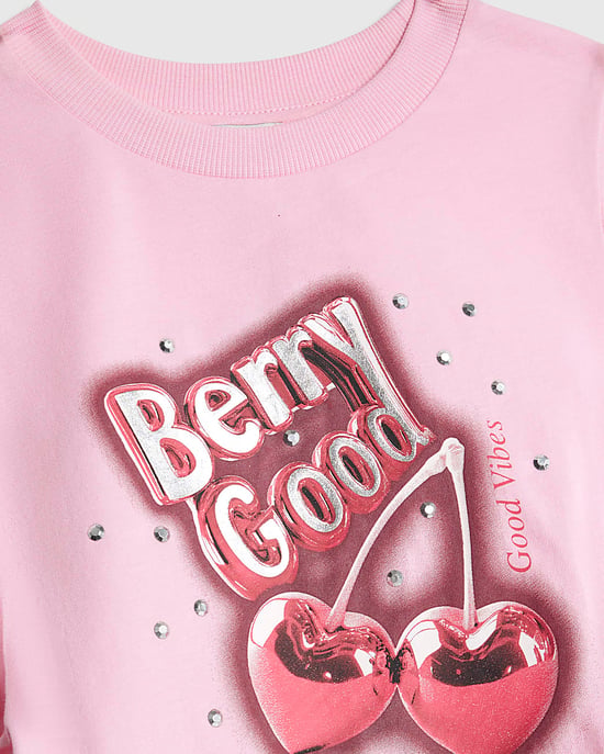 River Island Girls T-Shirt & Joggers Set Red Diamante Berry Good - Image 3