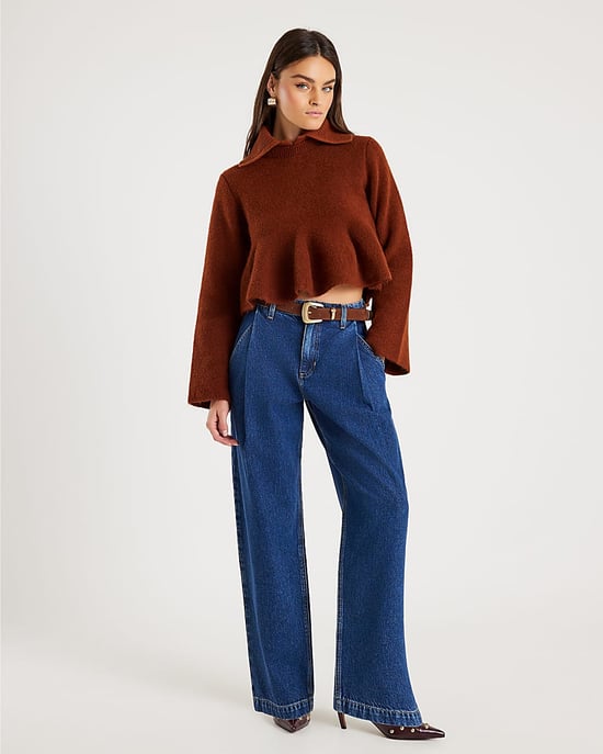 River Island Womens Jumper Orange Knit Collared Peplum Sweater - Image 2