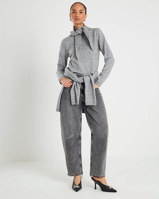 River Island Womens Jumper Grey Knitted Scarf Neck Sweater - Image 1