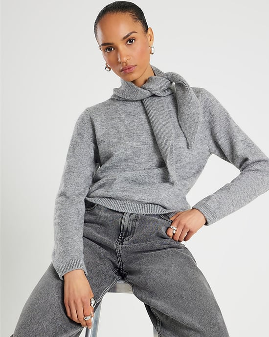 River Island Womens Jumper Grey Knitted Scarf Neck Sweater - Image 4