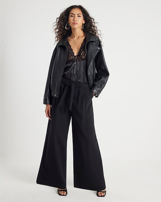 River Island Womens Wide Leg Trousers Black Tie Waist - Image 1