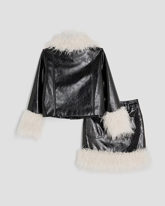 River Island Girls Jacket & Skirt Set Black Shaggy Faux Leather - Image 2