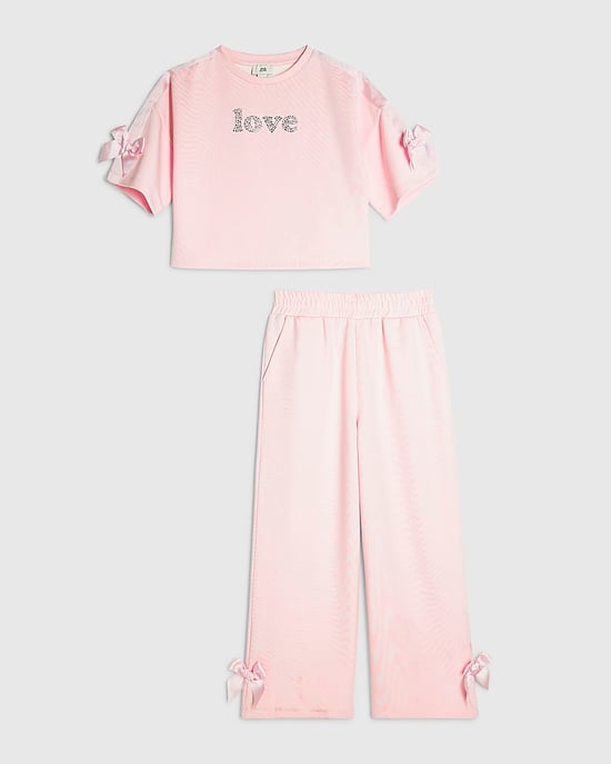 River Island Girls T-Shirt & Joggers Set Pink Love Bow 2 Piece - Image 5