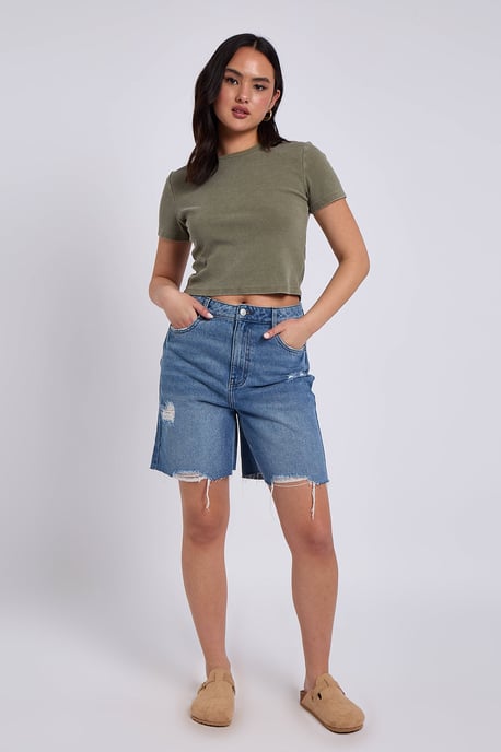 Mid Wash Distressed Bermuda Short - Image 1