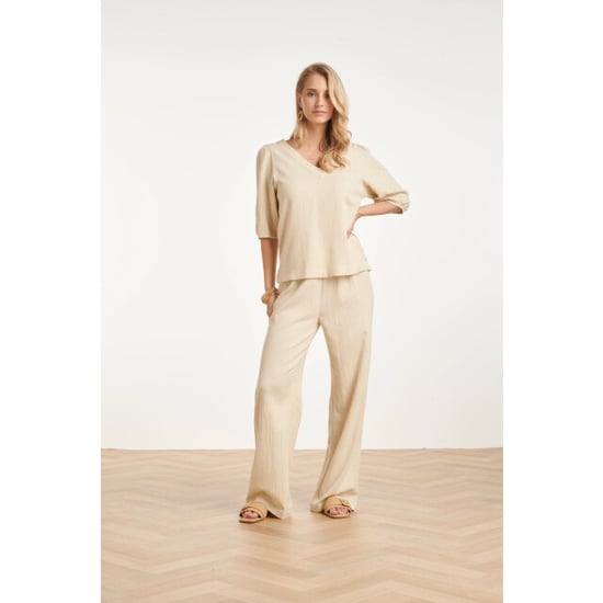 Smashed Lemon Linnen look wide leg broek in crème beige | - Image 1