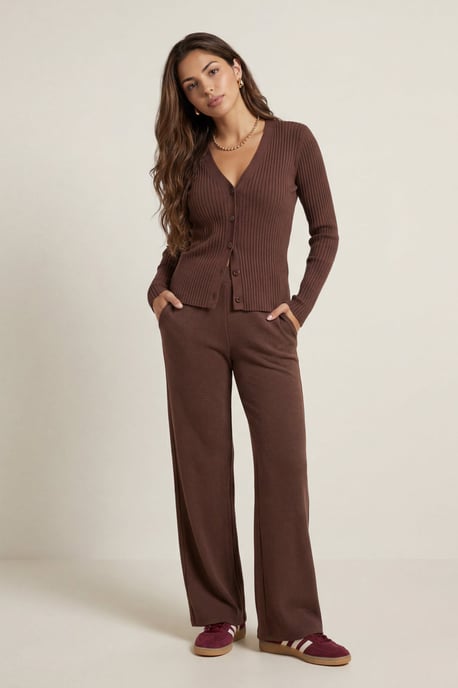 Soft Rib V Cardigan set Chocolate - Image 1