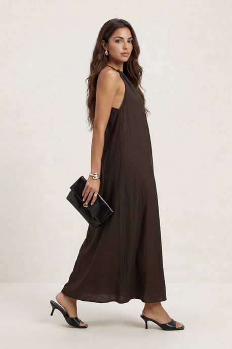 Braided Neck Trim Maxi Dress Khaki - Image 2