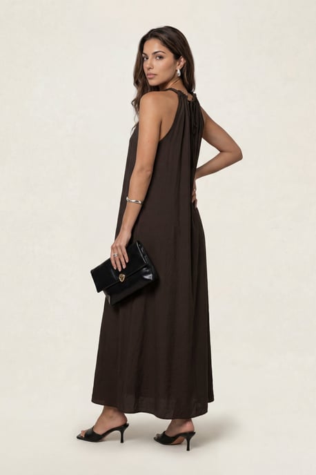 Braided Neck Trim Maxi Dress Khaki - Image 3