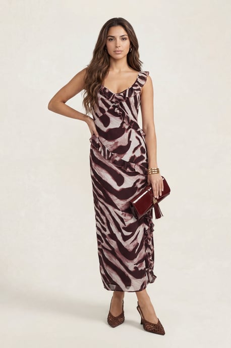 Animal Ruffle Maxi Dress Burgundy - Image 1