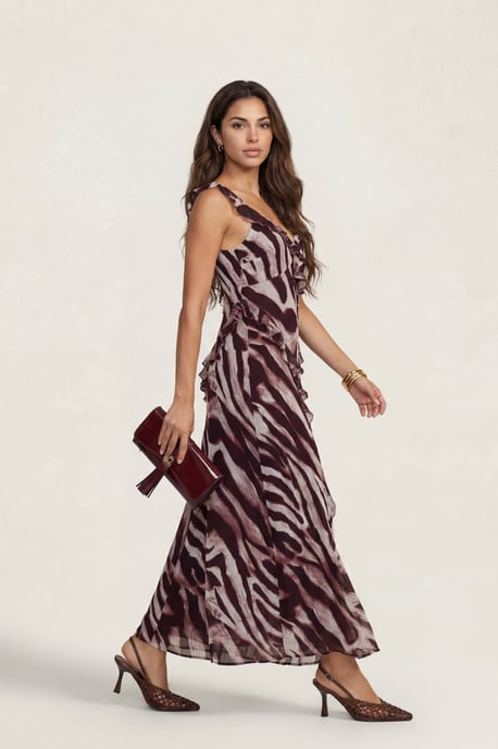 Animal Ruffle Maxi Dress Burgundy - Image 2