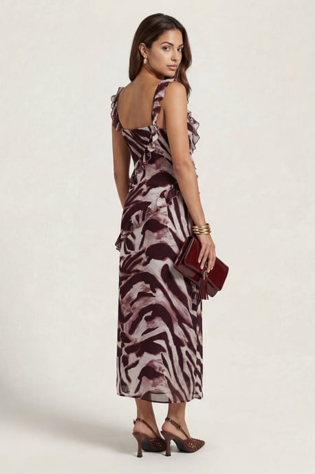Animal Ruffle Maxi Dress Burgundy - Image 3