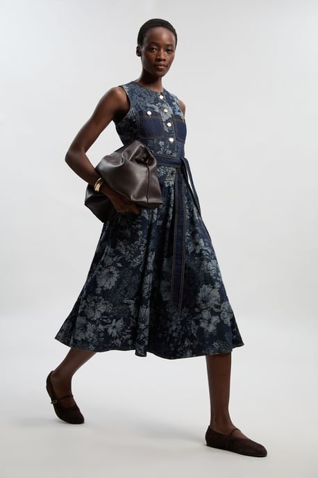 Petite Jacquard Denim Full Skirted Midi Dress - Image 3