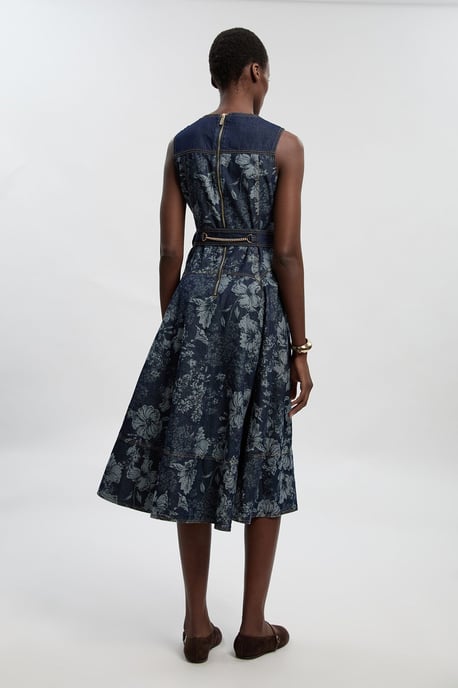 Petite Jacquard Denim Full Skirted Midi Dress - Image 5