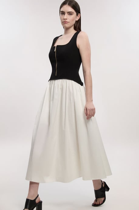 Petite Compact Stretch Cotton Mix Tailored Full Skirted Midi Dress - Image 1