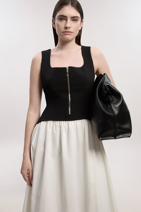 Petite Compact Stretch Cotton Mix Tailored Full Skirted Midi Dress - Image 2