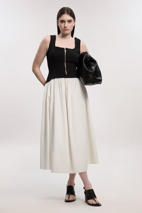 Petite Compact Stretch Cotton Mix Tailored Full Skirted Midi Dress - Image 4
