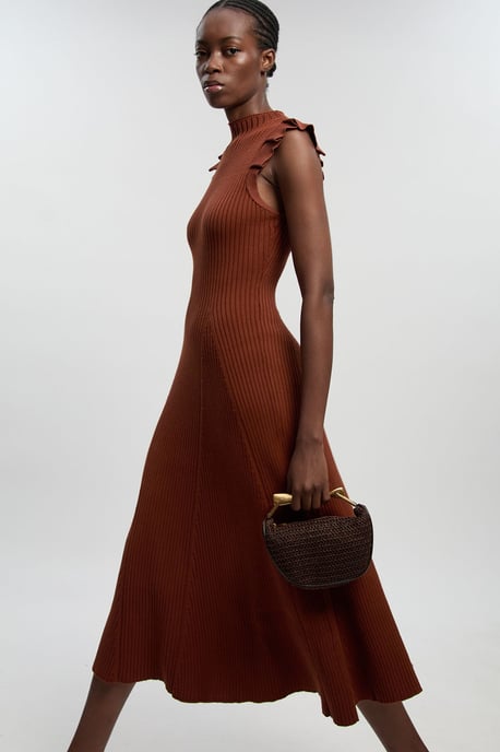 Pointelle Frill Sleeve Knit Midi Dress - Image 2
